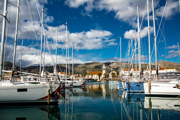 Resting yachts stays in the Trogir's harbor.