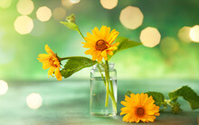 Beautiful Yellow Flowers In Glass Small Bottle On Green Background With Festive Bokeh. Autumn Floral Bouquet In Home Interior