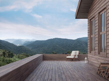 The Balcony Of The Small House On The Mountain In The Evening House Made Of Wood With A White Cloth Chair Overlooking The Panoramic Nature,3d Render