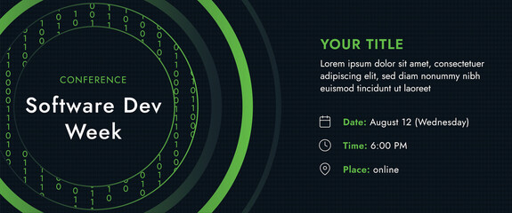 Conference Development Week with the binary concept and contact data on a dark background. Creative design vector template for the webinar, conference, e-mail, flyer, meetup, party, event, web header
