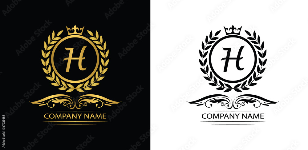 Golden Letter H laurel wreath template logo Luxury letter with crown ...