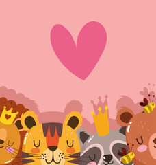 Wall Mural - cute cartoon animals adorable wild character raccoon bear lion and tiger with heart crown