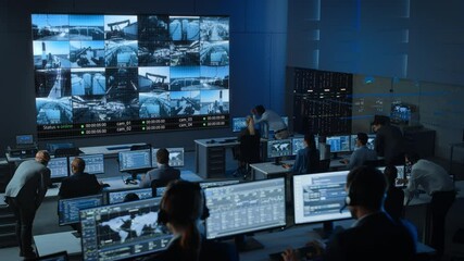 Leinwandbilder - Static Shot of a Group of Professionals Working in a Surveillance Control Center with CCTV Video Footage from an Industrial Factory on a Big Digital Screen. Monitoring Room Employees Sit in Front of C