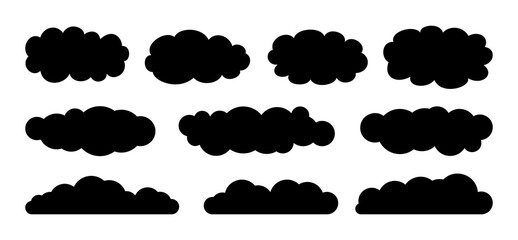 Wall Mural - Cloud set flat cartoon silhouette. Abstract elements, black cloudy collection. Label, symbol, shape different clouds sky. Symbol for website design, logo or app. Isolated vector illustration