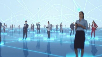 Happy People using Smartphone Devices in World Wide Connected Social Network. Diverse People do E-Business, Communicate, Send Messages. Visualization of Internet Virtual Reality Interconnected Persons