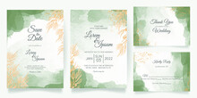 Watercolor Creamy Wedding Invitation Card Template Set With Golden Floral Decoration