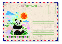 Tourist Postcard. Greeting Card With Panda