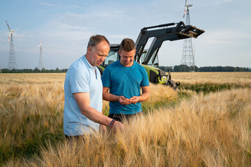 Wall Mural - Ackerbau - Düngeverordnung, Landwirt und sein Auszubildender beurteilen heranreifende Getreideähren