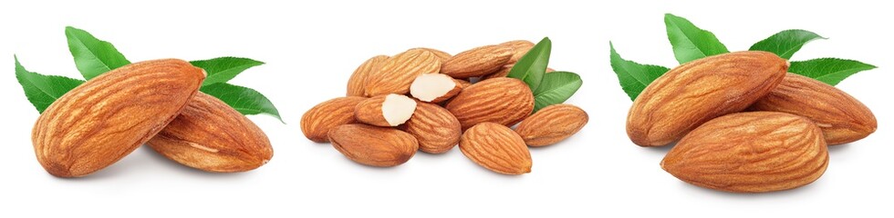 Wall Mural - Almonds nuts with leaves isolated on white background with clipping path and full depth of field. Set or collection