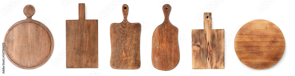 Set with different wooden boards on white background, banner design. Cooking utensils - obrazy, fototapety, plakaty 