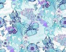 Fantastic Blue Flowers And Butterflies. Seamless Border. Vector Illustration. Suitable For Fabric, Mural, Wrapping Paper And The Like