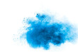 Blue color powder explosion on white background.