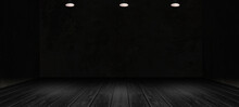 Black Wooden Floor And Dark Abstract Cement Wall And Studio Room , Interior Texture For Display Products Wall Background.