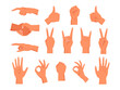 © Sensvector - Set of vector hand gesture. Non verbal palm symbol. Clenched or raised fist, finger pointing or touch, thumb up, handshake, sign of horns or rock, high five, victory or peace, ok, good. Human gestures