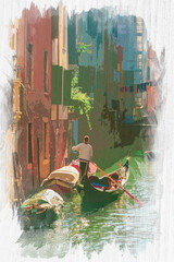 Canvas Print - Lone gondolier in Venice floating on canale, watercolor painting