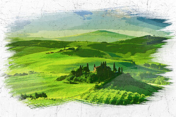 Sunrise at San Quirico d'Orcia, Tuscany, watercolor painting