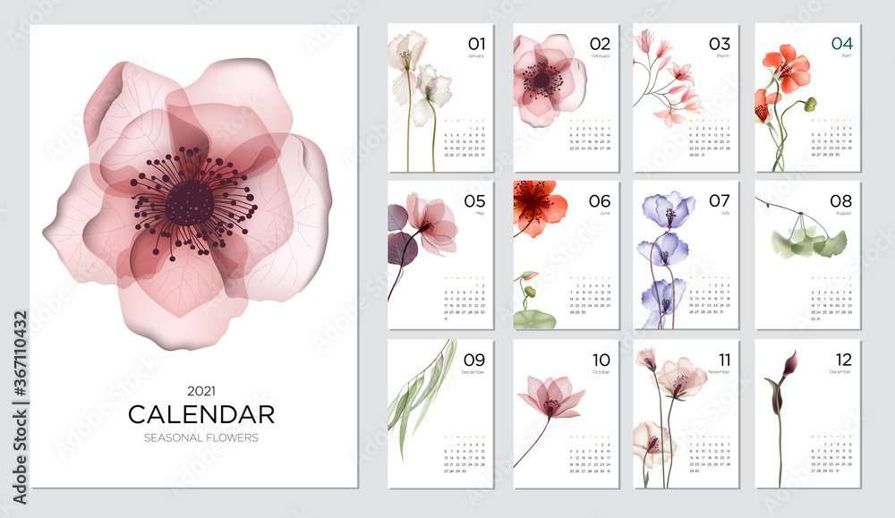 2021 calendar template on a botanical theme. Calendar design concept with abstract seasonal flowers. Set of 12 months 2021 pages. Vector illustration - obrazy, fototapety, plakaty 