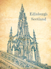 Wall Mural - Sketch of Scott Monument in Edinburgh on old paper