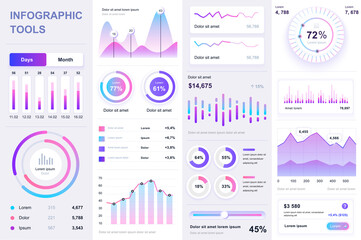Poster - Bundle infographic UI, UX, KIT elements. Different charts, diagrams, workflow, flowchart, timeline, schemes, marketing icons, graphs and bars design template. Vector info graphic and infographics set.