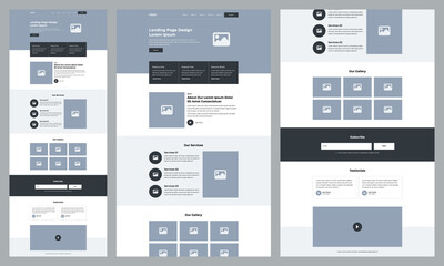 one page landing website design template for business. landing page ux ui wireframe. flat modern res