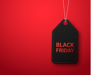 Wall Mural - Black mark, price tag on the rope. Black friday, discount tag on red background .Vector illustration