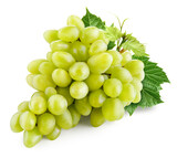 Fototapeta Mapy - Grape with leaves on white. Green grape isolate. Grapes isolated on white. Full depth of field.
