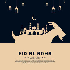 Flat style eid al adha design with mosque, lantern and goat. Mubarak islamic festival background