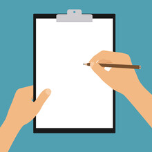 Flat Design Illustration Of A Clipboard With A Blank Sheet Of White Paper. Hand Holding A Pencil And Space For Text Or Drawing. Isolated On Green Background, Vector