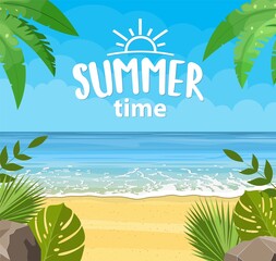 Tropical beach. Summer landscape. Sandy beach under the bright sun. Vector illustration in flat style