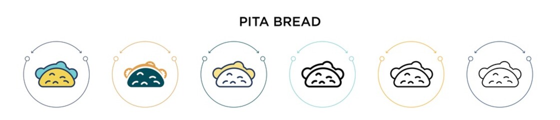 Pita bread icon in filled, thin line, outline and stroke style. Vector illustration of two colored and black pita bread vector icons designs can be used for mobile, ui, web