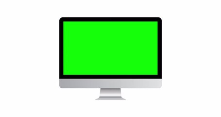 Computer monitor mockup with green screen, front view, isolated on white background. 4K animation with camera track motion