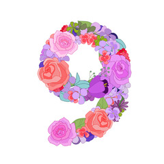 Fototapete - Colorful floral figure with roses 9. Beautiful number nine