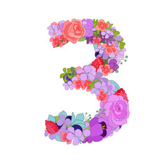 Fototapete - Colorful floral figure with roses 3. Beautiful number three