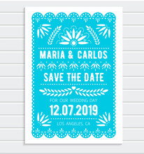 Vector Save The Date Invitation Template. Papel Picado Banner With Floral Pattern. Mexican Paper Cut Style.