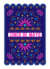 Wall Mural - Cinco de Mayo. Mexican holiday poster. Papel picado banner with floral pattern. Vector greeting card.