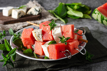 Poster - Delicious spicy skewers with watermelon