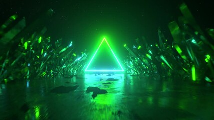Wall Mural - flying in abstract space along crystals and rocks. modern ultraviolet blue green neon light spectrum