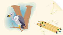 Illustration Layout Banner Of The English Alphabet For Learning The Alphabet Letter V Vulture A Sheet Of Paper With Colored Pencils