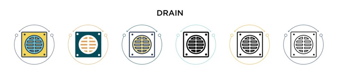  Drain icon in filled, thin line, outline and stroke style. Vector illustration of two colored and black drain vector icons designs can be used for mobile, ui, web