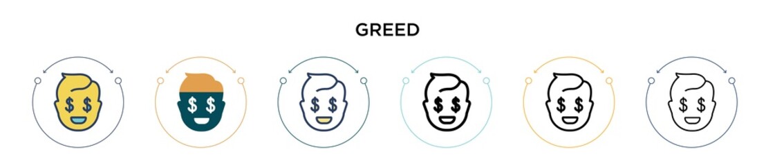 Greed icon in filled, thin line, outline and stroke style. Vector illustration of two colored and black greed vector icons designs can be used for mobile, ui, web