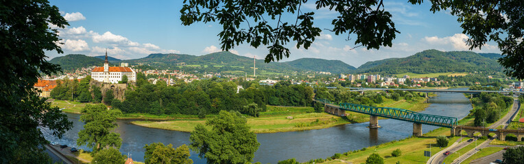 Poster - Decin. Czech Republic. Panoramic view of the old town, Elbe river (Labe) and Tetschen Castle.