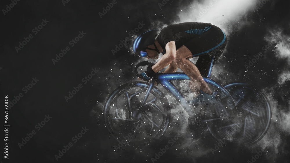 Man racing cyclist in motion on smoke background. Sports banner - obrazy, fototapety, plakaty 