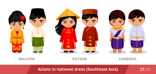 Malaysia, Vietnam, Cambodia. Men and women in national dress. Set of asian people wearing ethnic traditional costume. Isolated cartoon characters. Southeast Asia. Vector flat illustration.