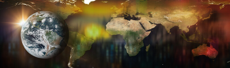 Wall Mural - planet earth on the background of blurred lights of the city and world map. concept on business, pol