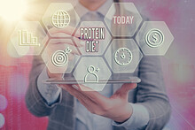 Word Writing Text Protein Diet. Business Photo Showcasing Consumption Of Highproteincontaining Foods Diet Plan Grids And Different Set Up Of The Icons Latest Digital Technology Concept