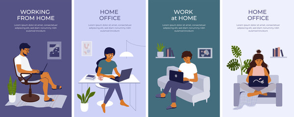 Set of banners with young woman and man working or studying at home using laptop. Student girl or freelancer sitting behind table. Cozy workplace on sofa, home office in apartment. Vector illustration