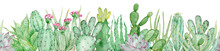 Watercolor Seamless Border Of Green Cactuses. Endless Header With Tropical Plants And Pink Flowers.