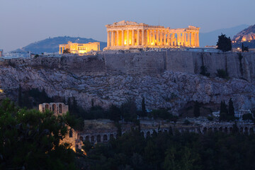 Wall Mural - Parthenon construction in Acropolis Hill in Athens, Greece shot in blue hour