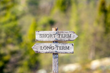 Short Term Long Term Text Carved On Wooden Signpost Outdoors In Nature. Green Soft Forest Bokeh In The Background.