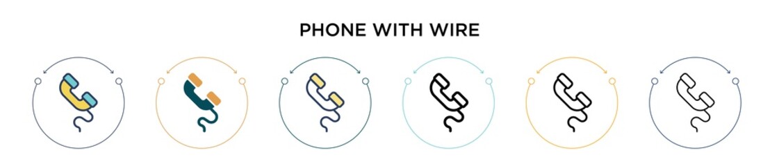 Phone with wire icon in filled, thin line, outline and stroke style. Vector illustration of two colored and black phone with wire vector icons designs can be used for mobile, ui, web